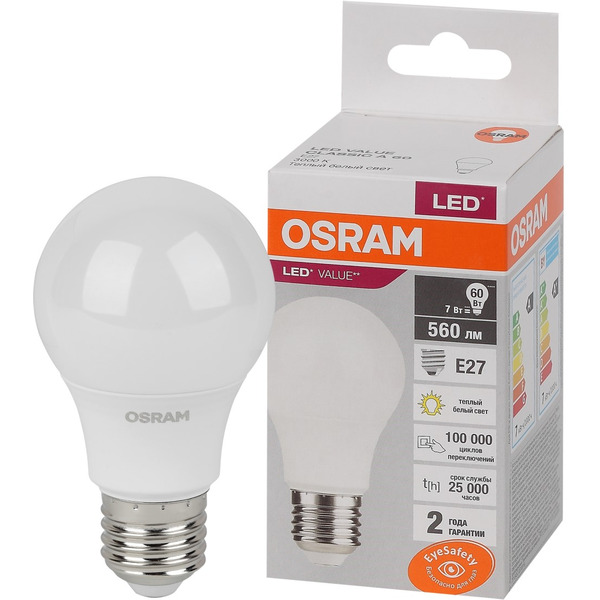 Лампа светодиодная OSRAM А60 7W 3000K Е27