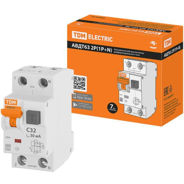 Дифференциальный автомат TDM АВДТ 63 2Р(1Р+N) C32 30мА 6кА типА SQ0202-0005