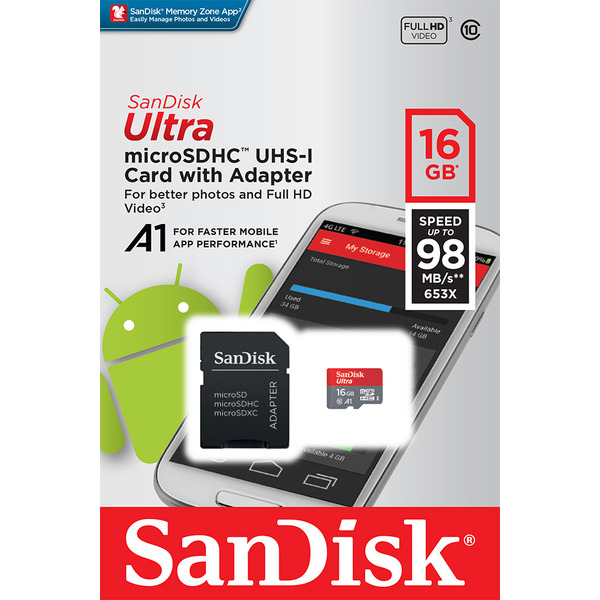 Карта памяти SANDISK Ultra (SDSQUAR-016G-GN6MA)  microSDHC 16ГБ c адаптером A1 UHS-I