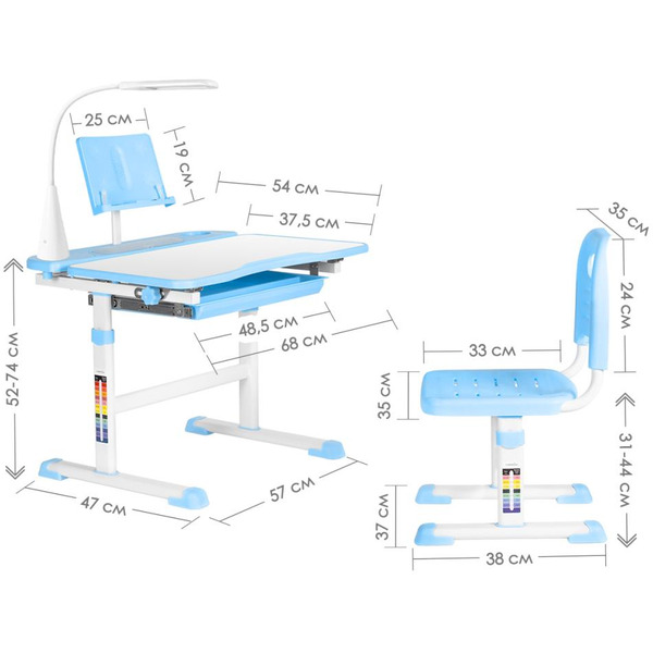 Парта+стул Anatomica Avgusta с выдвижным ящиком, подставкой и светильником (белый/голубой)