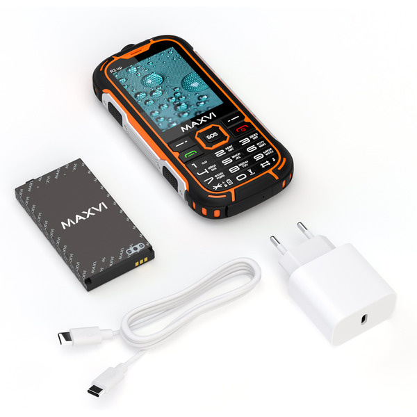 Мобильный телефон Maxvi R2 up + ЗУ WC-112 (черный/оранжевый)