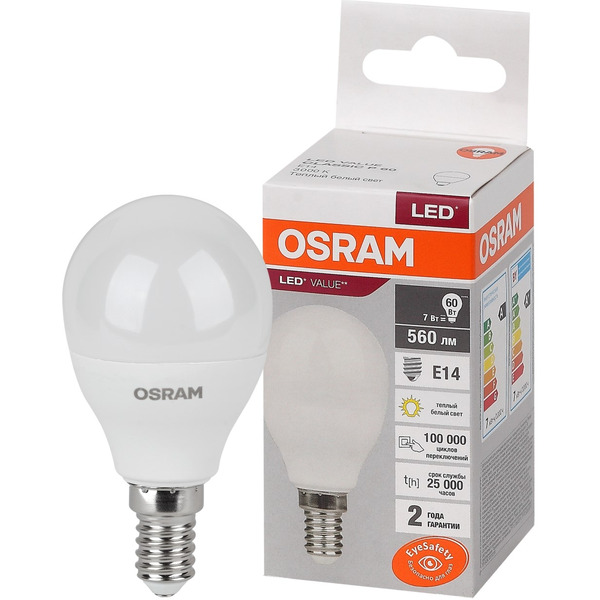 Лампа светодиодная OSRAM P60 7W 3000K Е14