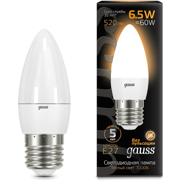 Лампа Gauss LED Candle 6,5W E27 2700К/3000K 103102107
