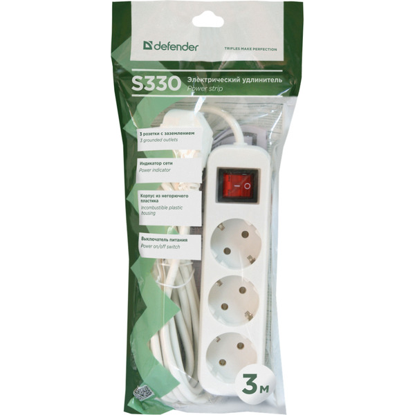 Удлинитель с заземлением DEFENDER S330 БЕЛЫЙ