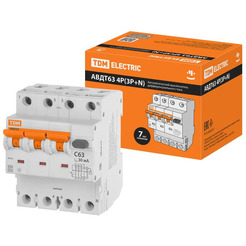 Дифференциальный автомат TDM АВДТ 63 4P(3Р+N) C63 30мА 6кА тип А SQ0202-0055