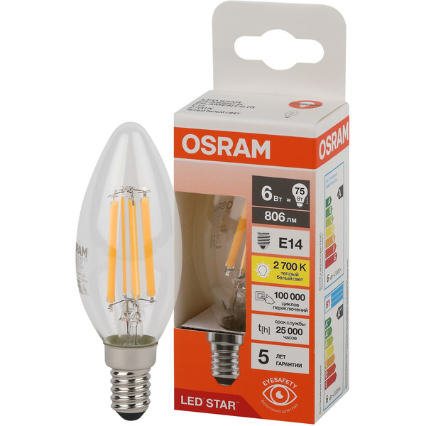 Лампа светодиодная филаментная OSRAM B75 6W 2700K E14