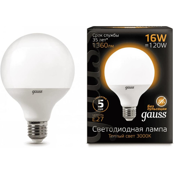 Лампа Gauss LED G95 E27 16W 3000K 105102116