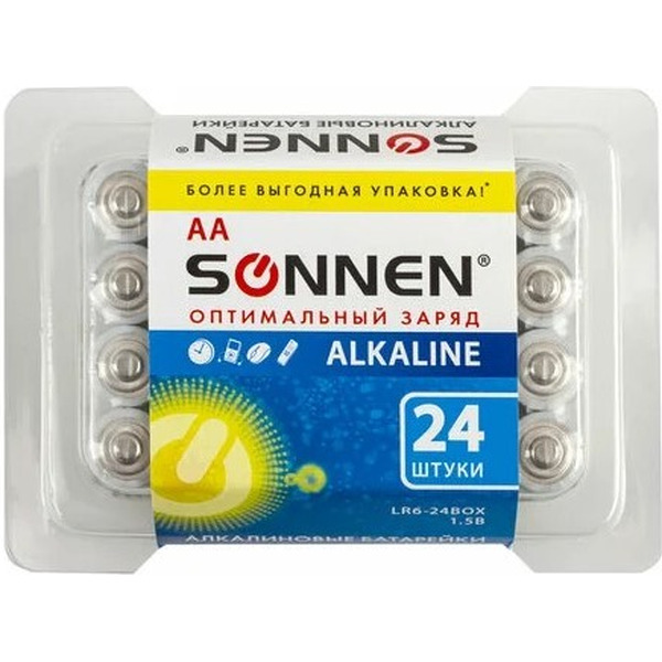 Батарейки  SONNEN 24 шт, Alkaline, АА(LR6,15А)