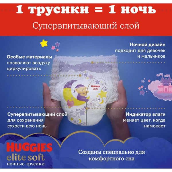 Детские одноразовые трусики-подгузники HUGGIES Elite Soft Overnites 3 (6-11кг) 23 шт