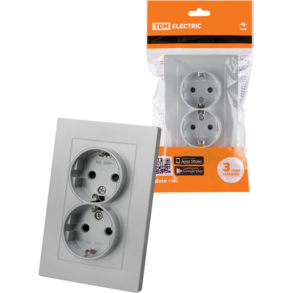 Розетка TDM Сенеж 2П+З 16А 250В с защитными шторками серебристый металлик