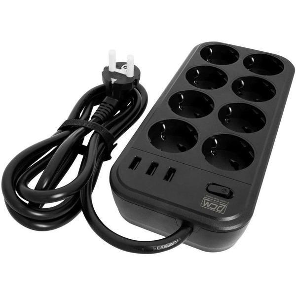 Сетевой фильтр Powercom SP-08 USB03AB (1.8 м, 8 розеток, черный)