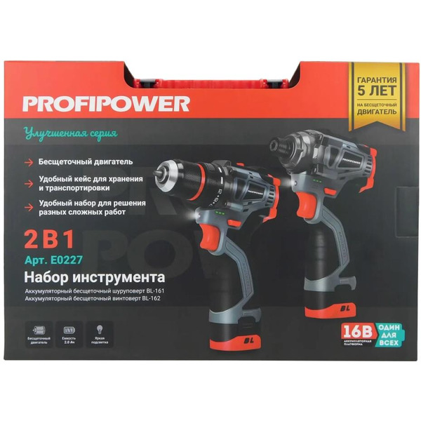 Аккумуляторный бесщеточный НАБОР 2в1 Profipower  ProfiSet 2A16 (Li-ion 2шт, 2.0Ач, З/У, в кейсе, E0210, E0211)