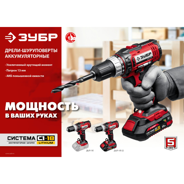 Дрель-шуруповерт Зубр Мастер ДШЛ-185-22 (с 2-мя АКБ, кейс)