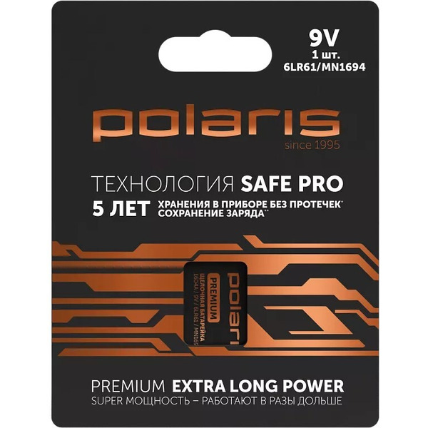 Батарейка щелочная Polaris PB 9V (6LR61) (1шт) Premium