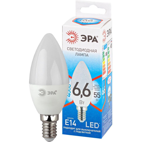 Лампа светодиодная ЭРА QX LED-6,6 Ват-В35-4000K-E14  (арт.B35-9W-840-E14 ) 10/100
