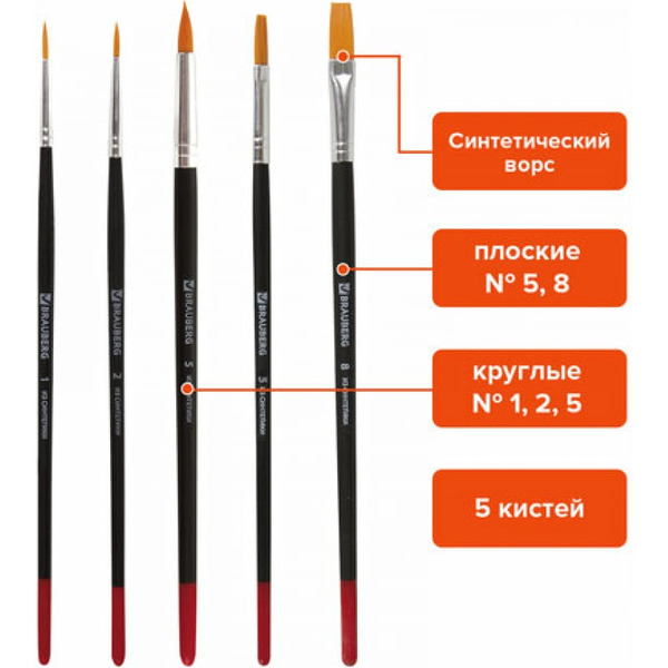 Набор кистей BRAUBERG Синтетика 200219 (5 шт)