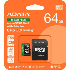 Карта памяти ADATA SPEED PLUS microSDXC 64GB UD64GUI3V30A2SP-RA1 (с адаптером)