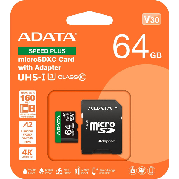 Карта памяти ADATA SPEED PLUS microSDXC 64GB UD64GUI3V30A2SP-RA1 (с адаптером)