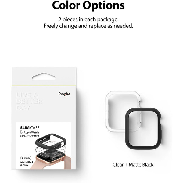 Чехол Ringke SLIM для Apple Watch SE3/SE2/SE/6/5/4 44mm CLEAR(1шт) + BLACK(1шт)
