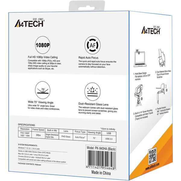 Веб-камера A4Tech PK-940HA черный