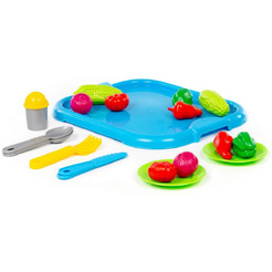 Набор детской посуды Полесье с голубым подносом и набором продуктов 71839 (19 элементов)