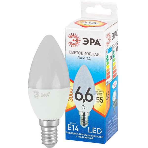 Лампа светодиодная ЭРА QX LED-6,6 Ват-В35-2700K-E14 (арт.B35-9W-827-E14 ) 10/100