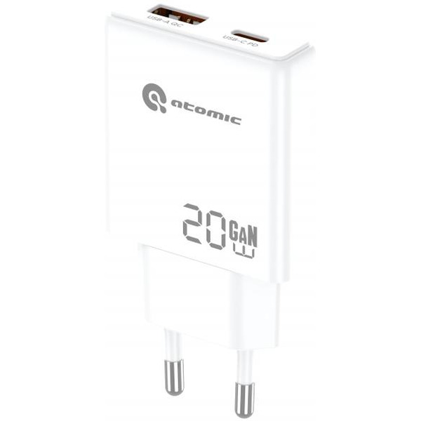 СЗУ Atomic BLADE G203 GAN 20W 2-порта USB (A+C) с кабелем USB (С-L) 1 метр, цвет белый | 10.208