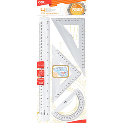 Набор линеек DELI PIONEER G00512 прозрачный, 4 предмета, (линейка 30 см, 2 треугольника, транспортир)
