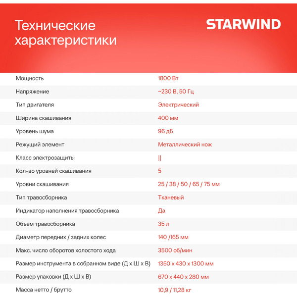 Газонокосилка роторная Starwind ELM-1800