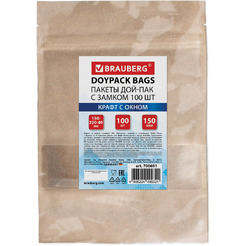 Пакет Дой-Пак с замком BRAUBERG 700691 (крафт с окном 50 мм, 150х220+40 мм, 100 шт, 150мкм)
