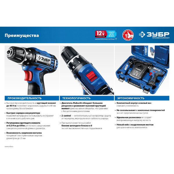 Дрель-шуруповерт Зубр Профессионал DL-121-22F (с 2-мя АКБ, LED фонарь, кейс)