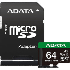 Карта памяти ADATA SPEED PLUS microSDXC 64GB UD64GUI3V30A2SP-RA1 (с адаптером)