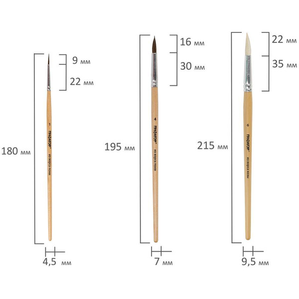 Кисти ПИФАГОР 200892 (из ворса пони кругл. №1,4, коза кругл. №3,6, щетина №4) 5 шт.