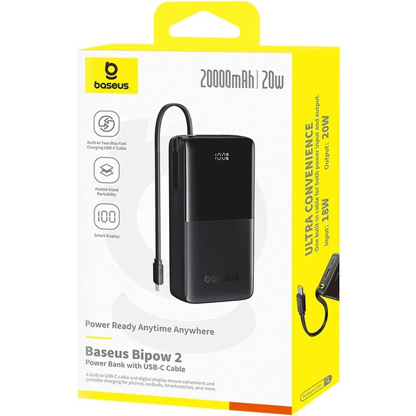 Внешний аккумулятор Baseus Bipow 2 Digital Display Power Bank With Built-in USB-C Cable 20000mah 20W (черный)