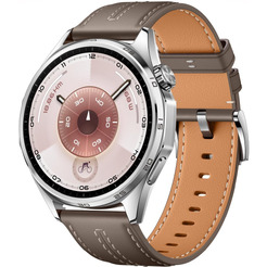 Смарт-часы HUAWEI Watch GT 6 46mm (ATM-B19) серебристый, с коричневым кожаным ремешком
