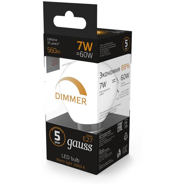 Светодиодная лампочка Gauss Globe-dim E27 7 Вт 3000 К 105102107-D
