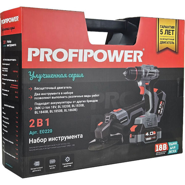 Набор инструментов Profipower E0220 (шуруповерт, болгарка, 2 АКБ, кейс)