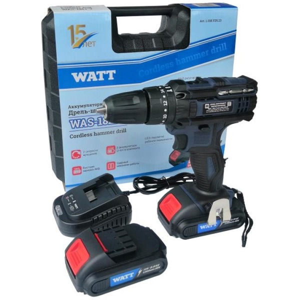 Дрель-шуруповерт WATT WAS-18Li-3 1.018.Y29.23 (с 2-мя АКБ, кейс)