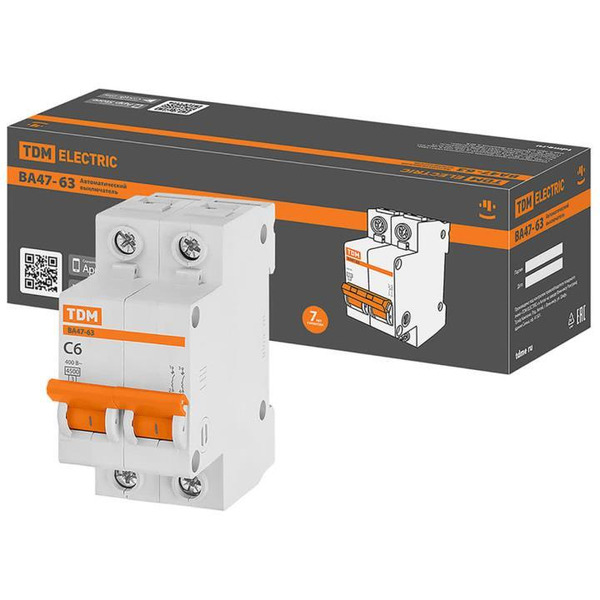 Выключатель автоматический TDM ВА 47-63 2Р 6А (C) 4.5кА SQ0218-0026