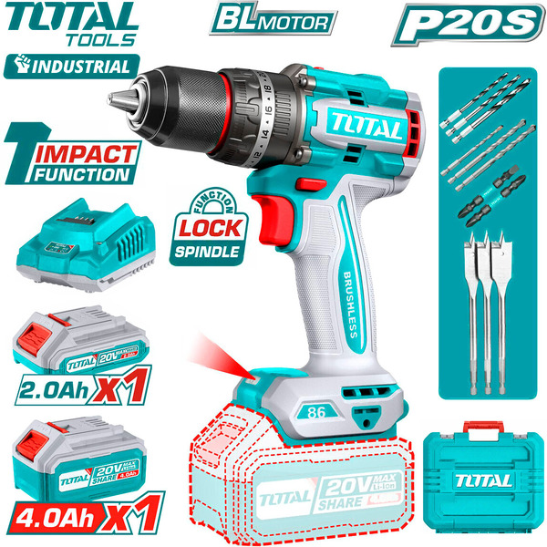 Ударная дрель-шуруповерт Total TIDLI20868 (с 2-мя АКБ, кейс)