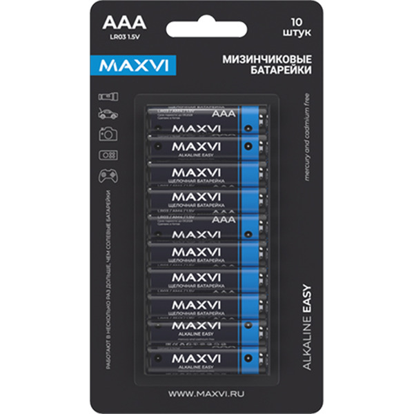 Щелочная батарейка Maxvi MBLR03ES10 AAA, alkaline, 10 шт