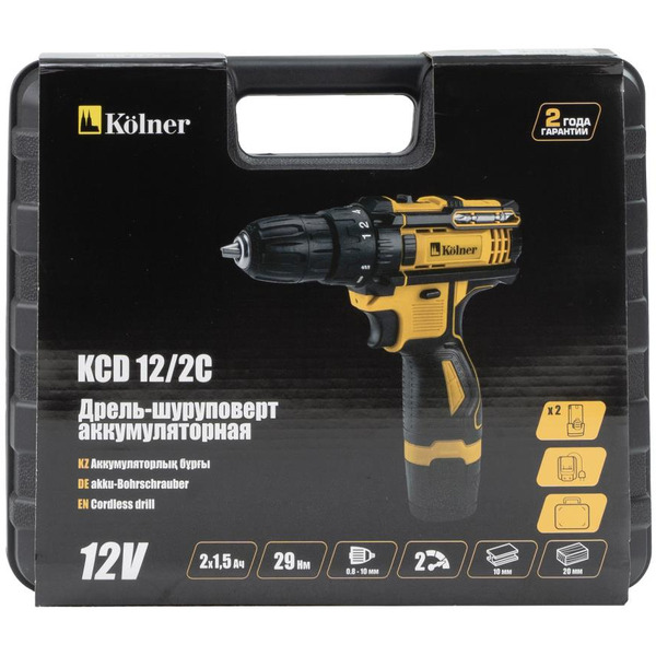 Дрель-шуруповерт Kolner KCD 12/2C (с 2-мя АКБ, кейс)