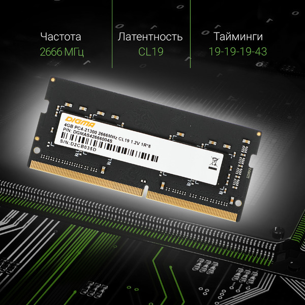 Оперативная память Digma 4ГБ DDR4 SODIMM 2666 МГц DGMAS42666004S