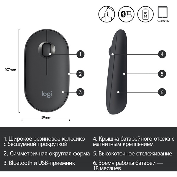 Мышь Logitech M350 Pebble (L910-005718) графит