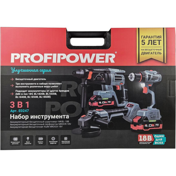 Аккумуляторный бесщеточный НАБОР 3 в 1 Profipower ProfiSet-3E18 (Li-ion-2шт, 4Ач, З/У, кейс, E0080,T0056, T0058)