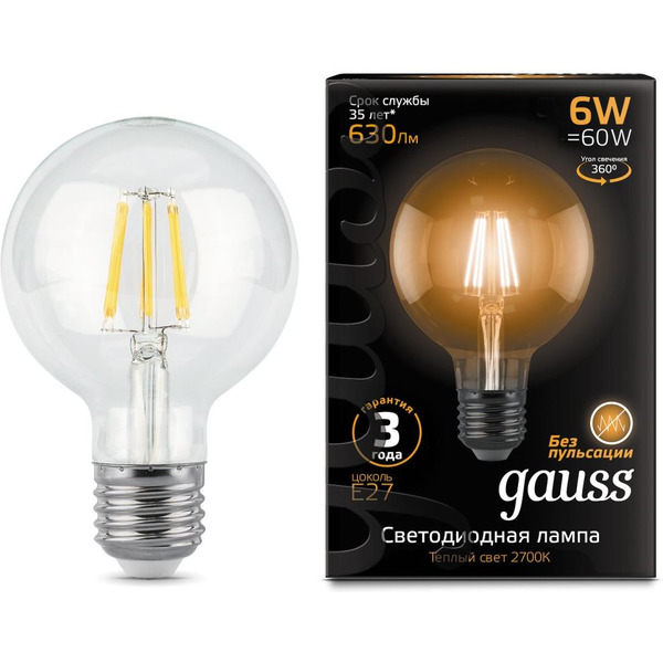 Лампа Gauss LED Filament G95 6W E27 2700K 105802106