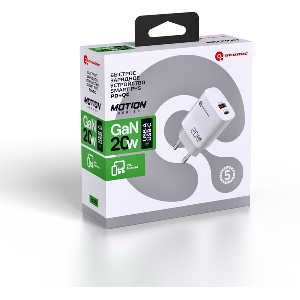 Зарядное устройство Atomic MOTION G202 GAN 20W 2-порта USB (A+C), цвет белый | 10.202