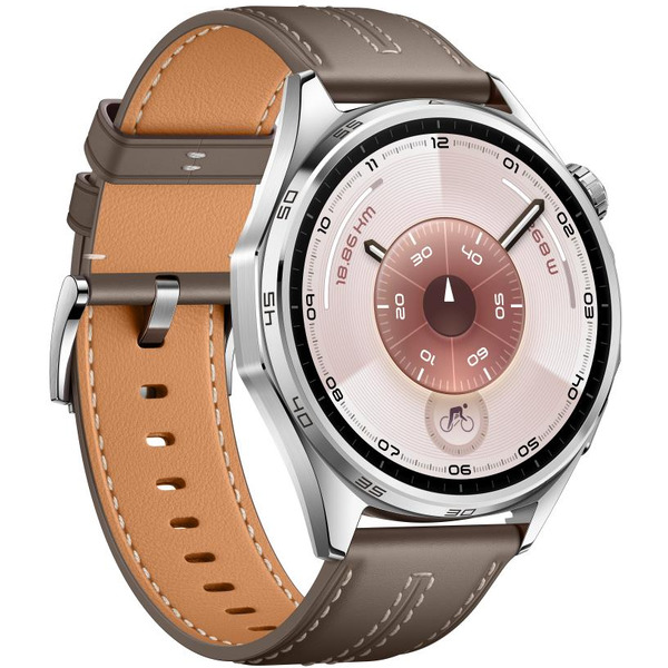 Смарт-часы HUAWEI Watch GT 6 46mm (ATM-B19) серебристый, с коричневым кожаным ремешком