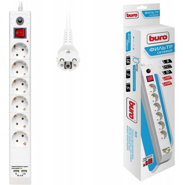Сетевой фильтр Buro BU-SP1.8-USB-2A-W
