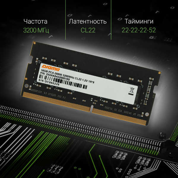Оперативная память Digma 16ГБ DDR4 SODIMM 3200 МГц DGMAS43200016S